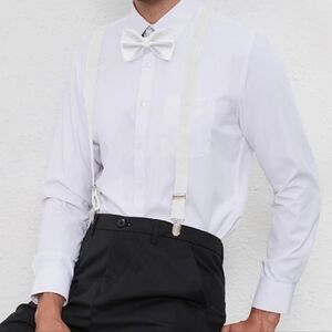 White Bow Tie Suspenders Men Clip On Adjustable Bowtie Wedding Cocktail Party
